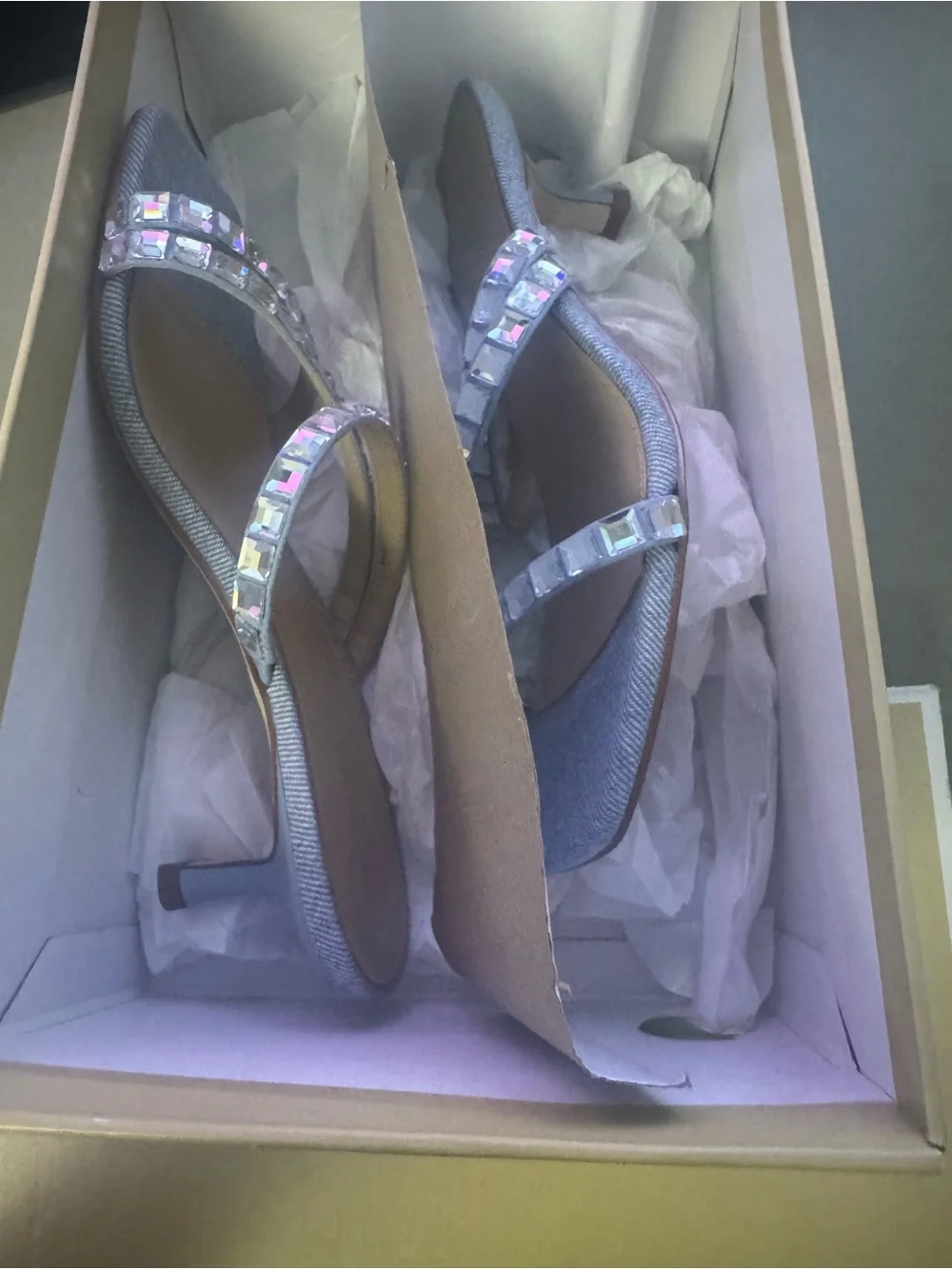 Michael Kors Light Blue Denim Gem-Embellished Slide Mules
